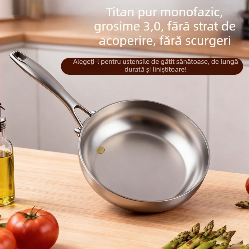 Wok din titan pur, cu textură de solzi de pește, antiaderent, compatibil cu inducția