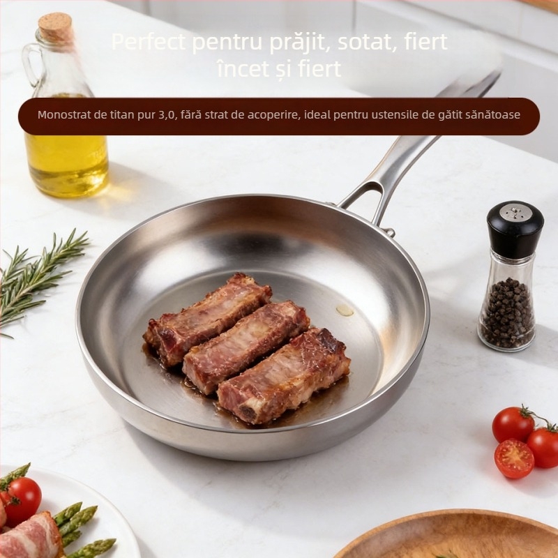 Wok din titan pur, cu textură de solzi de pește, antiaderent, compatibil cu inducția