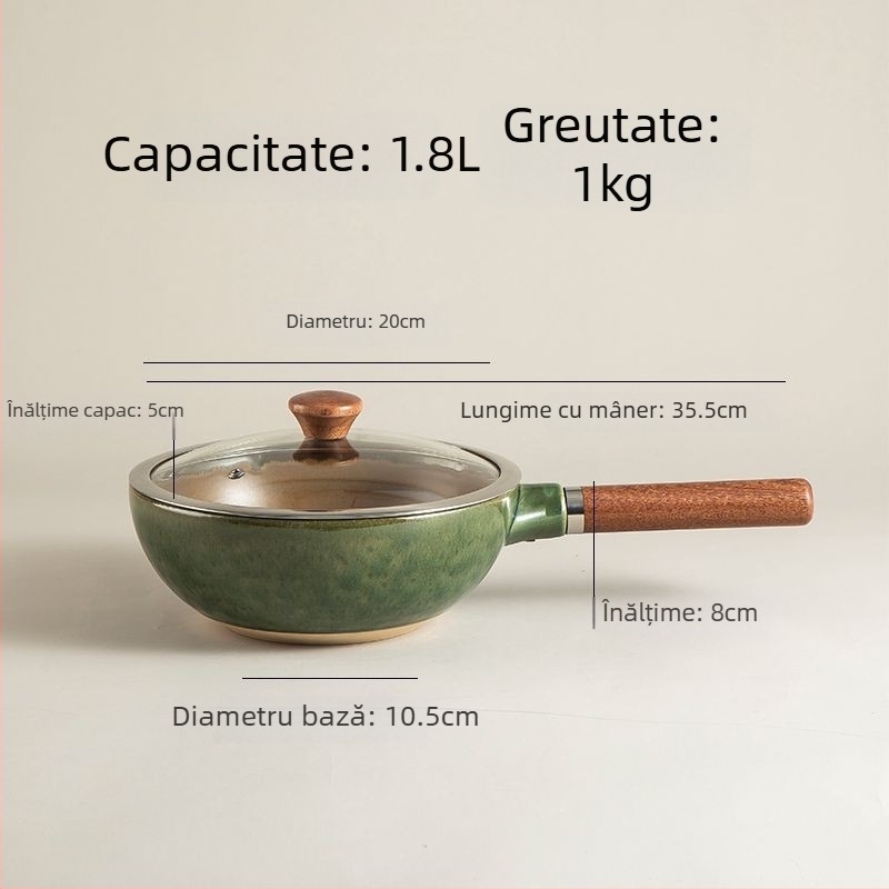 Oală de gătit ceramică fără strat, cu mâner, antiaderentă și rezistentă la temperaturi înalte