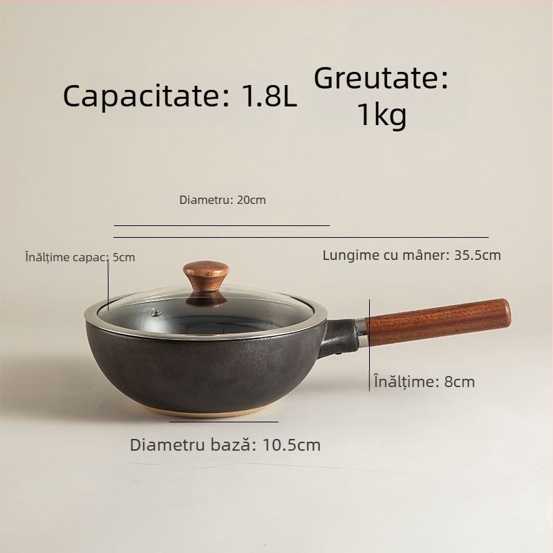 Oală de gătit ceramică fără strat, cu mâner, antiaderentă și rezistentă la temperaturi înalte