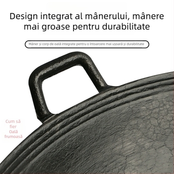 Oală din fontă cu două mâneri, pentru uz casnic, sobă rurală tradițională din lemn.