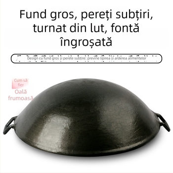 Oală din fontă cu două mâneri, pentru uz casnic, sobă rurală tradițională din lemn.