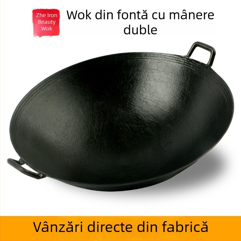 Oală din fontă cu două mâneri, pentru uz casnic, sobă rurală tradițională din lemn.