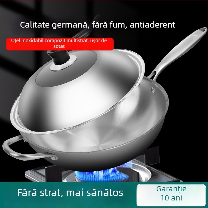 Tigaie din oțel inoxidabil, de calitate comercială, cu bază plată groasă, fără strat, rezistentă la rugină, pentru uz casnic, compatibilă cu plitele cu inducție