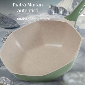 Wok octagonal cu piatră Maifan, antiaderent, compatibil cu plita cu inducție, capacitate mare