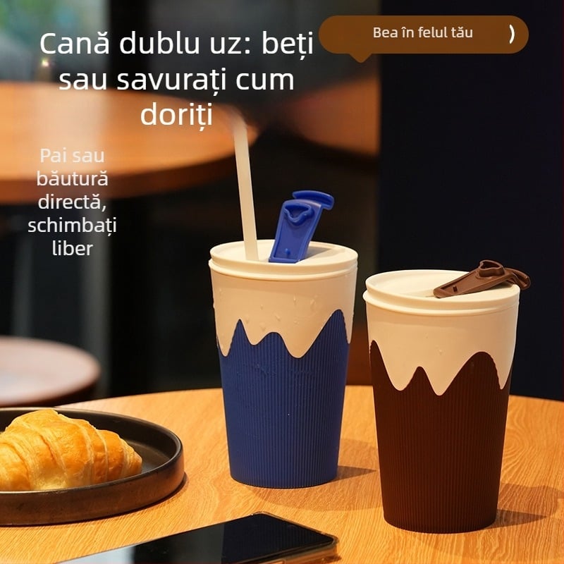 Cană de cafea cu capac pentru băut direct, cană pentru cuplu cu pai, portabilă pentru mașină, cană detașabilă pentru băuturi reci, cadou