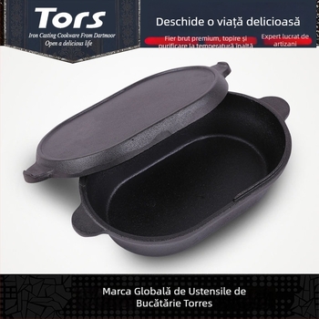 Tigaie ovală din fontă, dual-use, cu capac plat, pentru prăjit și gătit—la grătar în aer liber