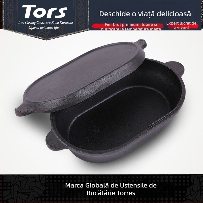 Tigaie ovală din fontă, dual-use, cu capac plat, pentru prăjit și gătit—la grătar în aer liber