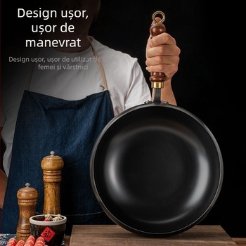 Wok tradițional mare din fontă, lucrat manual, îngroșat și mai adânc, fără acoperire, tigaie pentru prăjit