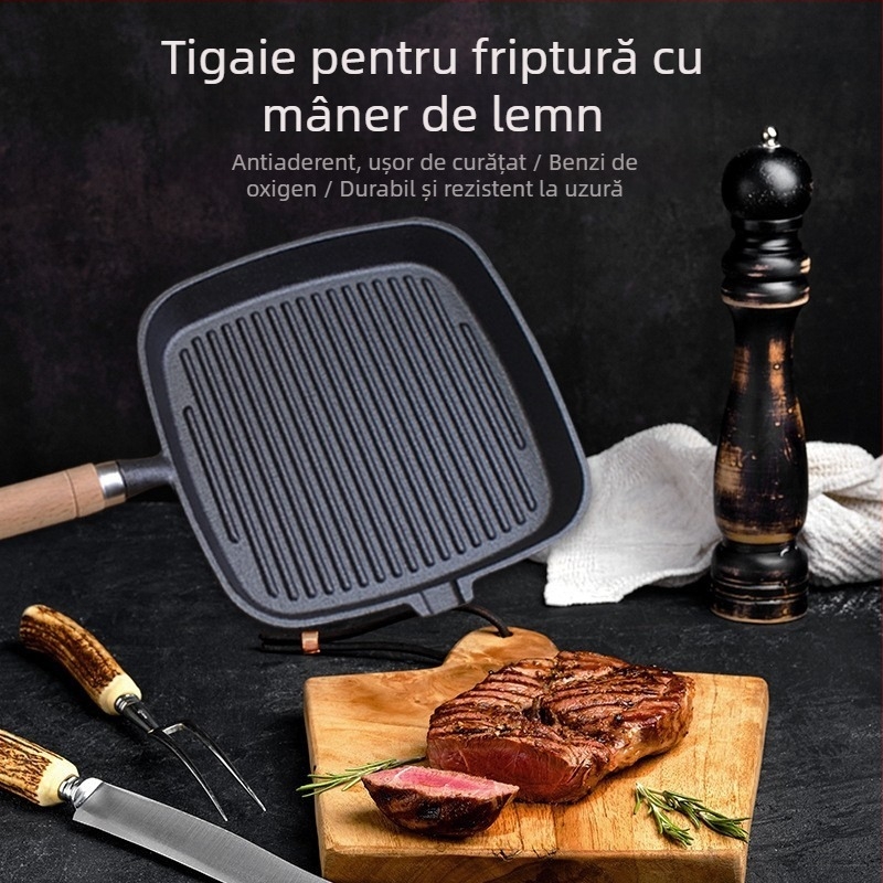 Tigaie din fontă pentru friptură, mâner din lemn, bază plată pătrată, cu nervuri, fără acoperire, gătit sănătos