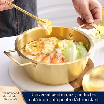 Oală din oțel inoxidabil nemagnetic, întărită, în stil coreean, pentru ramen și fructe de mare, cu capac, mâner dublu, oală mică pentru supă