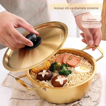 Oală din oțel inoxidabil nemagnetic, întărită, în stil coreean, pentru ramen și fructe de mare, cu capac, mâner dublu, oală mică pentru supă