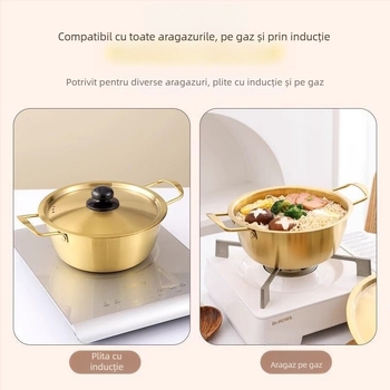 Oală din oțel inoxidabil nemagnetic, întărită, în stil coreean, pentru ramen și fructe de mare, cu capac, mâner dublu, oală mică pentru supă