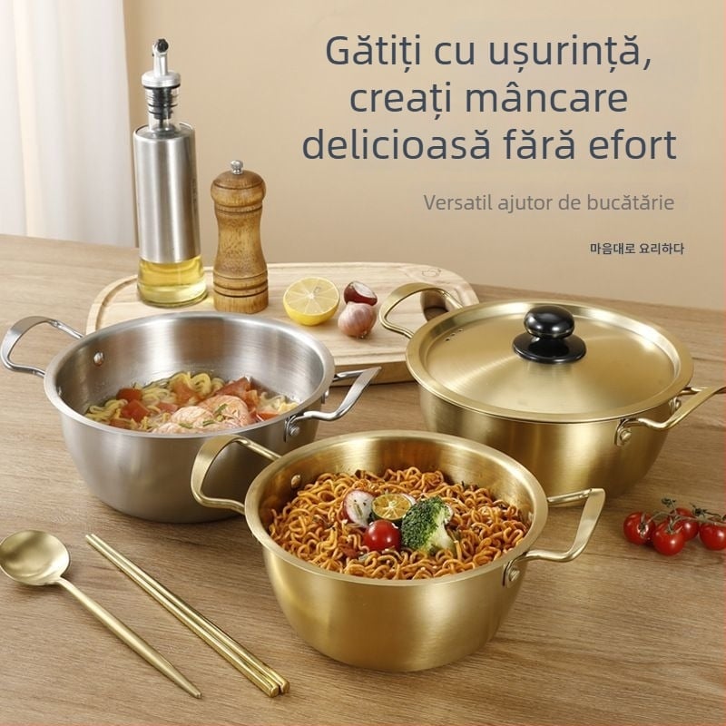 Oală din oțel inoxidabil nemagnetic, întărită, în stil coreean, pentru ramen și fructe de mare, cu capac, mâner dublu, oală mică pentru supă
