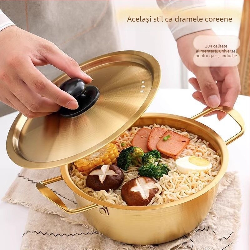 Oală din oțel inoxidabil nemagnetic, întărită, în stil coreean, pentru ramen și fructe de mare, cu capac, mâner dublu, oală mică pentru supă