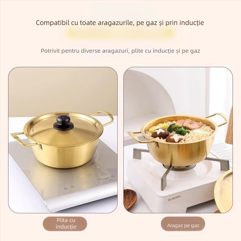 Oală din oțel inoxidabil nemagnetic, întărită, în stil coreean, pentru ramen și fructe de mare, cu capac, mâner dublu, oală mică pentru supă