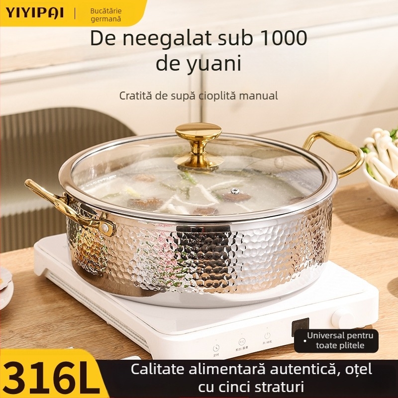 Oală de supă din oțel inoxidabil 316L, îngroșată, pentru uz casnic, cu bază din cinci straturi, diametrul 32 cm, capacitate 2,1–3 L, compatibilă cu plita cu inducție.