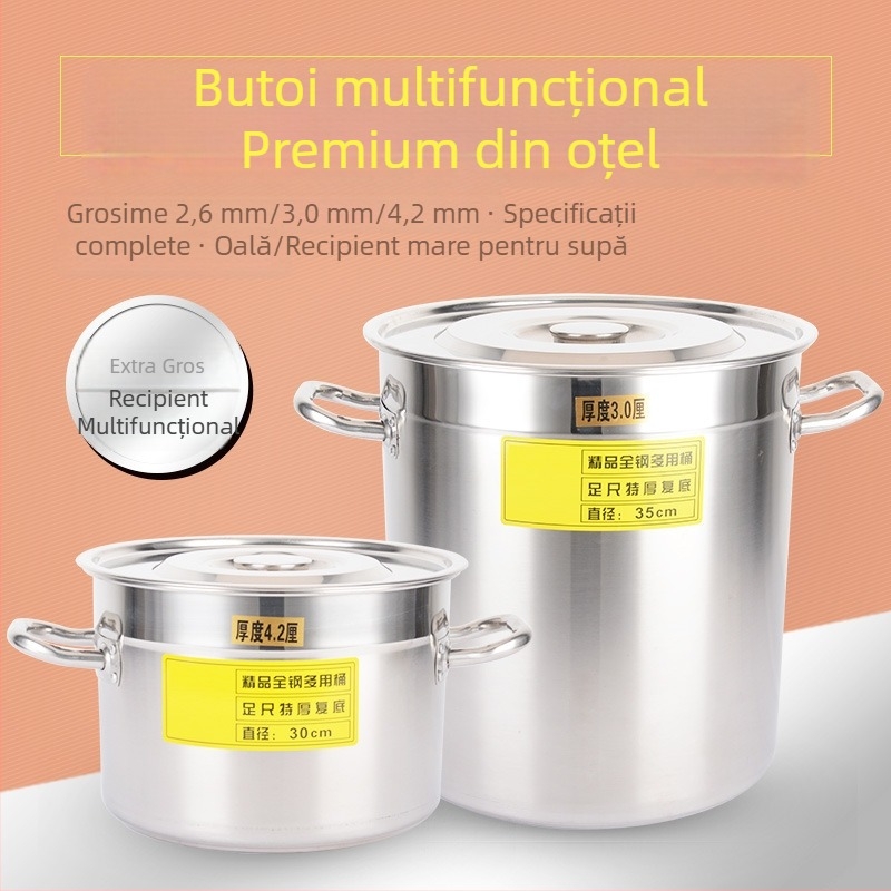 Oală de supă din oțel inoxidabil, cu capac, capacitate mare, pereți groși, două mânere, formă rotundă