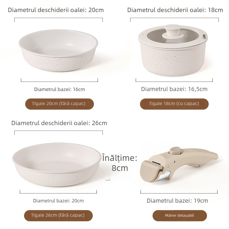 Set de vase cu mâner detașabil – wok antiaderent, tigaie, oală de supă și oale, set complet de bucătărie