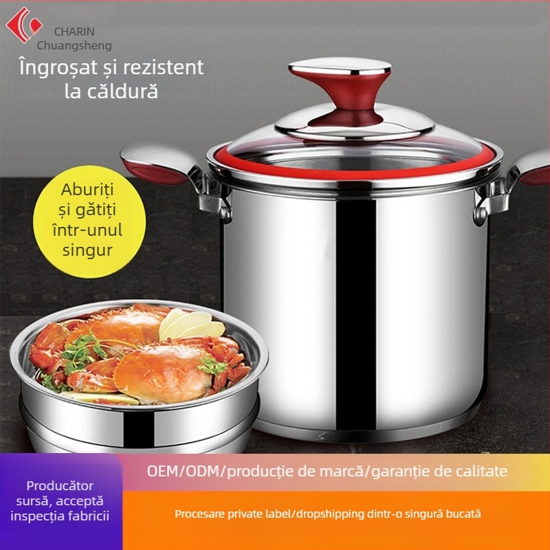 Lexon oală de supă din oțel inoxidabil 304, cu fund dublu, corp drept înalt, grilaj de abur, compatibilă cu plita cu inducție și cu gaz