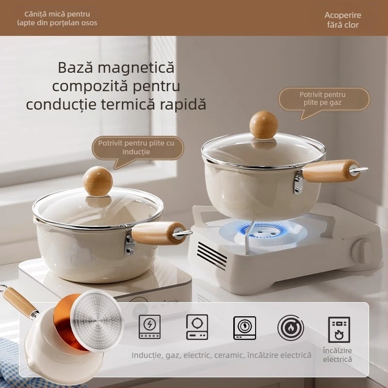 Oală de lapte din porțelan cu glazură ceramică, antiaderentă, mică, pentru lapte și tăiței instant