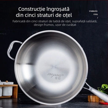 Tigaie din oțel inoxidabil 304, fund plat, cu trei straturi, capac din sticlă, antiaderent, dimensiuni 32–34/36 cm