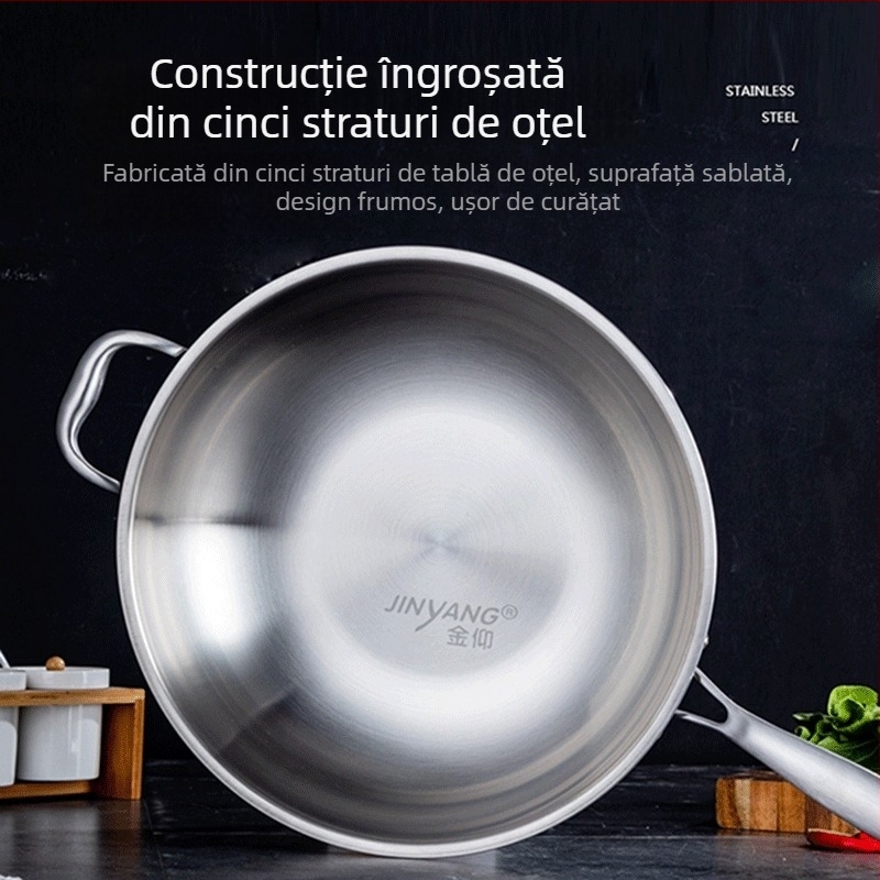 Tigaie din oțel inoxidabil 304, fund plat, cu trei straturi, capac din sticlă, antiaderent, dimensiuni 32–34/36 cm