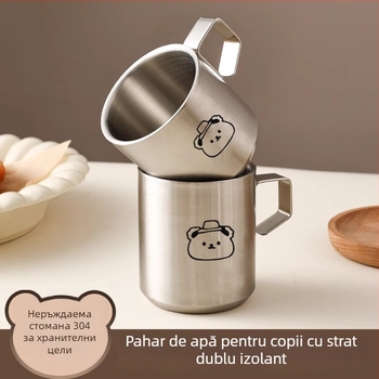 Cană pentru copii din oțel inoxidabil cu pereți dubli și mâner, design cu desen animat, rezistentă la cădere, pentru apă, lapte sau cafea de birou
