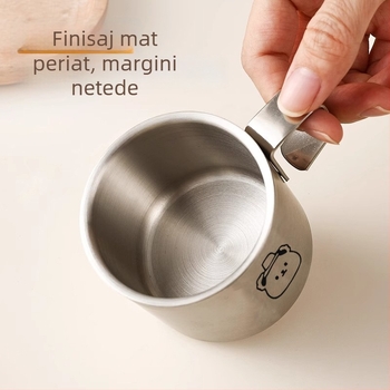 Cană pentru copii din oțel inoxidabil cu pereți dubli și mâner, design cu desen animat, rezistentă la cădere, pentru apă, lapte sau cafea de birou