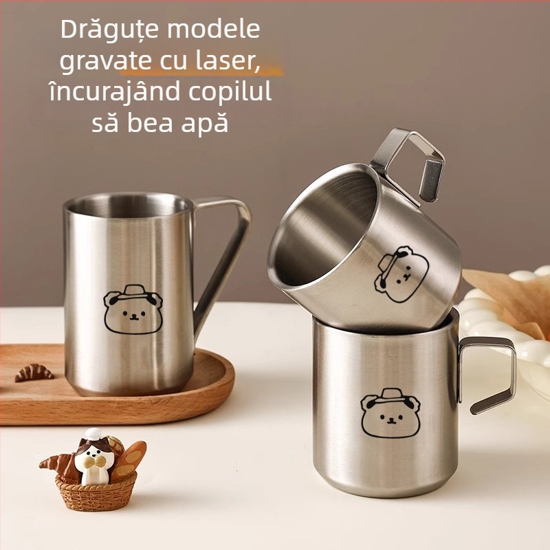 Cană pentru copii din oțel inoxidabil cu pereți dubli și mâner, design cu desen animat, rezistentă la cădere, pentru apă, lapte sau cafea de birou