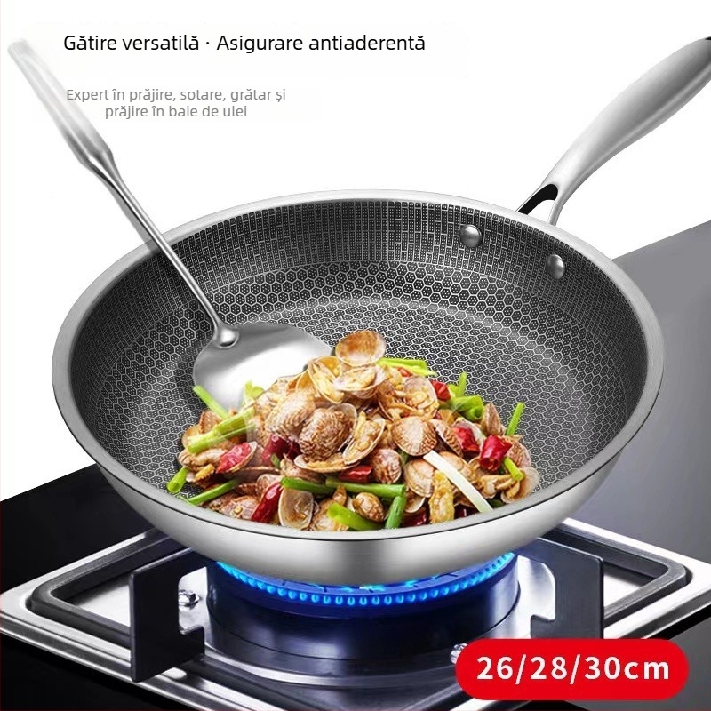 Tigaie wok din oțel inoxidabil, cu suprafață honeycomb, bază plată, mâner unic, antiaderent, compatibil gaz și inducție, pentru steak