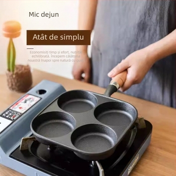 Tigaie din fontă cu patru găuri pentru omletă și matriță pentru burger cu ou, fără strat, rezistentă la lipire, compatibilă cu plite pe gaz și inducție