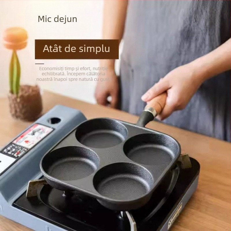 Tigaie din fontă cu patru găuri pentru omletă și matriță pentru burger cu ou, fără strat, rezistentă la lipire, compatibilă cu plite pe gaz și inducție