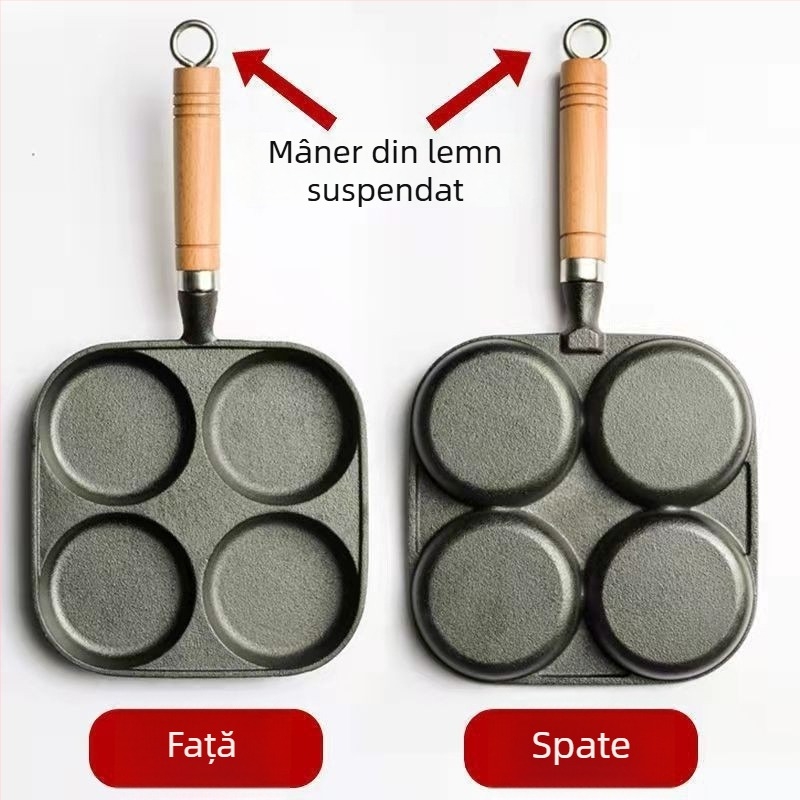 Tigaie din fontă cu patru găuri pentru omletă și matriță pentru burger cu ou, fără strat, rezistentă la lipire, compatibilă cu plite pe gaz și inducție