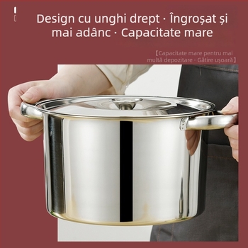 Oală mare din oțel inoxidabil cu două mânere, pentru supe, hrana bebelușilor și tăiței instant; compatibilă cu plita cu inducție.