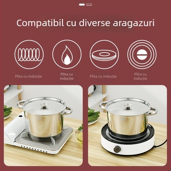 Oală mare din oțel inoxidabil cu două mânere, pentru supe, hrana bebelușilor și tăiței instant; compatibilă cu plita cu inducție.
