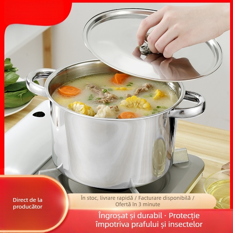 Oală mare din oțel inoxidabil cu două mânere, pentru supe, hrana bebelușilor și tăiței instant; compatibilă cu plita cu inducție.