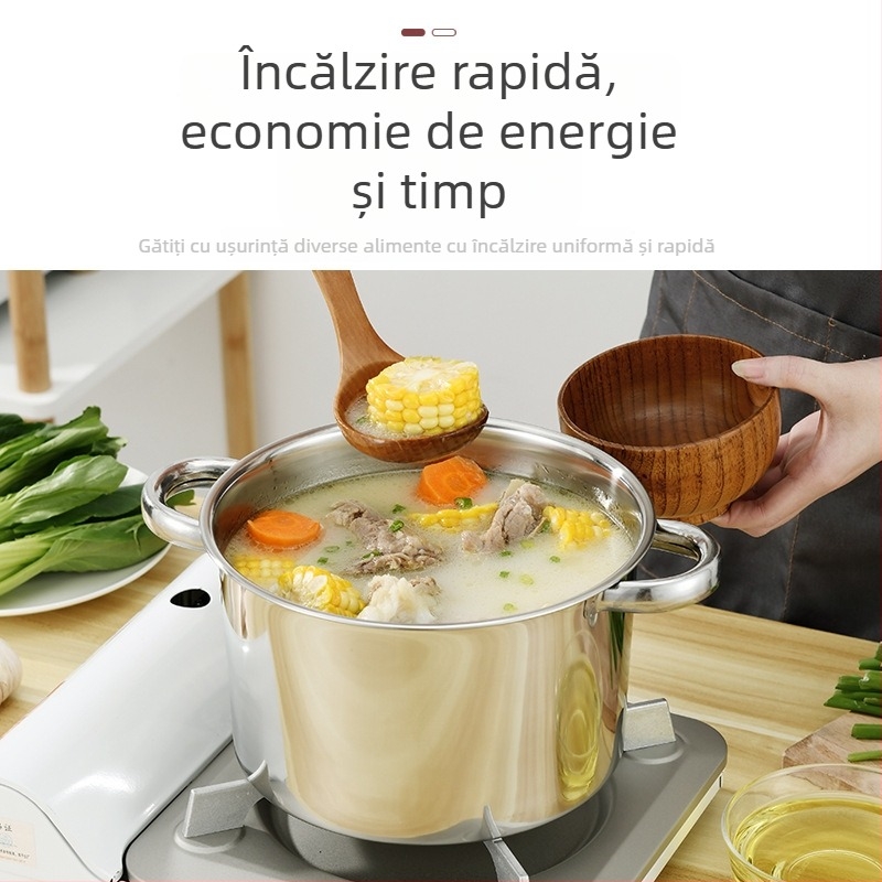 Oală mare din oțel inoxidabil cu două mânere, pentru supe, hrana bebelușilor și tăiței instant; compatibilă cu plita cu inducție.