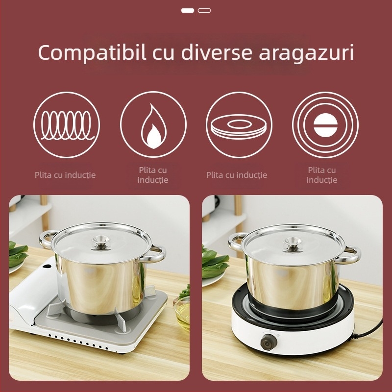 Oală mare din oțel inoxidabil cu două mânere, pentru supe, hrana bebelușilor și tăiței instant; compatibilă cu plita cu inducție.