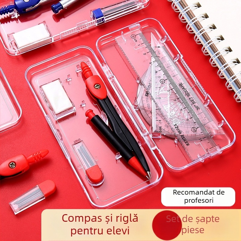 Set compas și riglă pentru examene, rechizite școlare, include creion 2B, gumă de șters și stilou gel, șapte piese