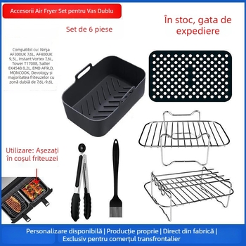 Accesorii pentru friteuză cu aer, 6 cupe din hârtie pentru ulei, grilă dreptunghiulară pentru grătar, pentru friteuze cu două tăvi