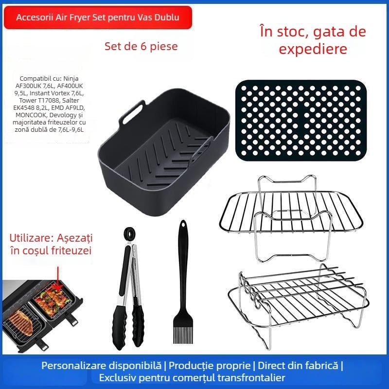 Accesorii pentru friteuză cu aer, 6 cupe din hârtie pentru ulei, grilă dreptunghiulară pentru grătar, pentru friteuze cu două tăvi