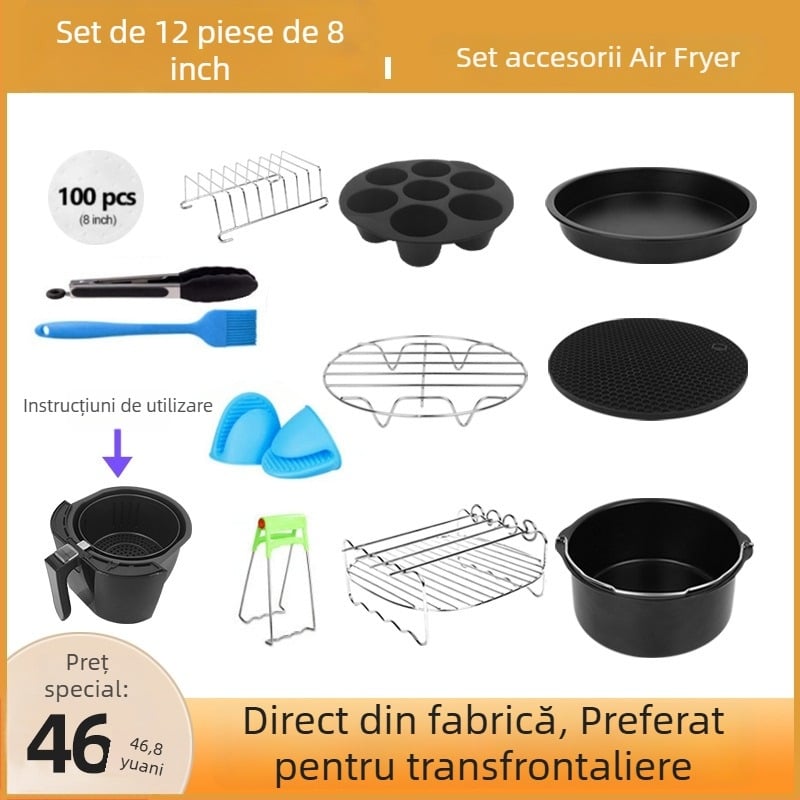 Set de accesorii pentru air fryer, 7/8 inch, 12 piese: forme pentru prăjituri și ustensile de copt, tavă de pizza