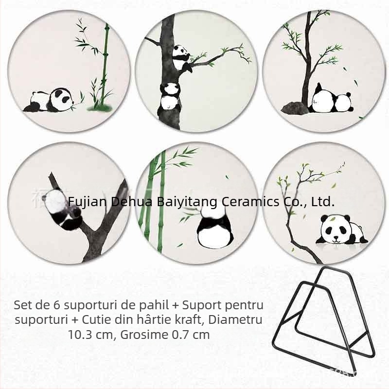 Suporturi rotunde pentru pahare din ceramică, model Panda cu flori, antiderapante, izolație termică, personalizare logo, suvenir de călătorie