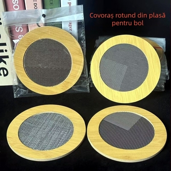 Covoraș circular din bambus cu plasă, izolație termică – imprimat, suport pentru masă, oală de lut, bol