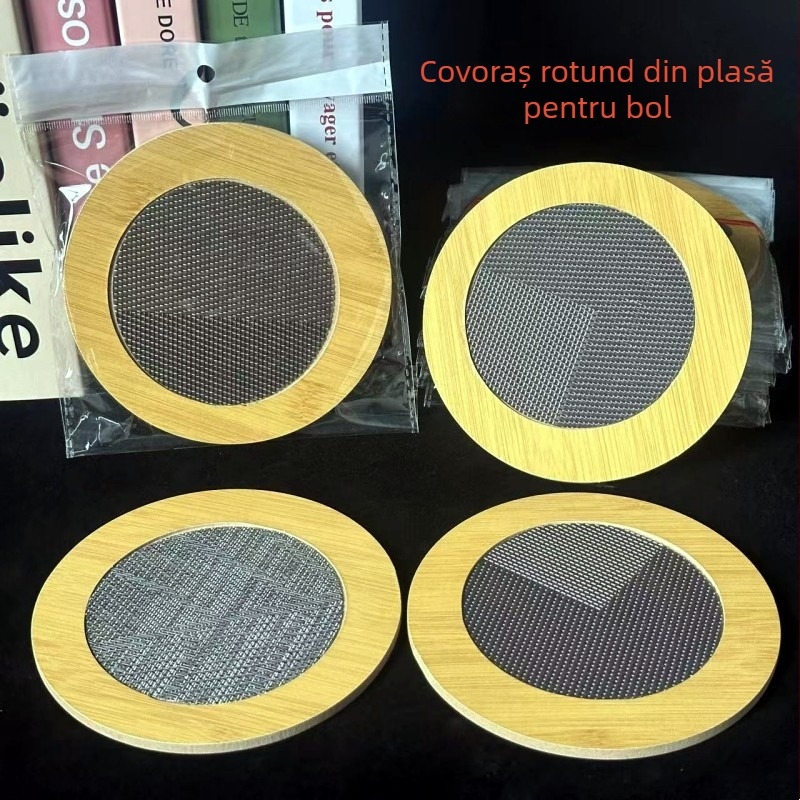 Covoraș circular din bambus cu plasă, izolație termică – imprimat, suport pentru masă, oală de lut, bol