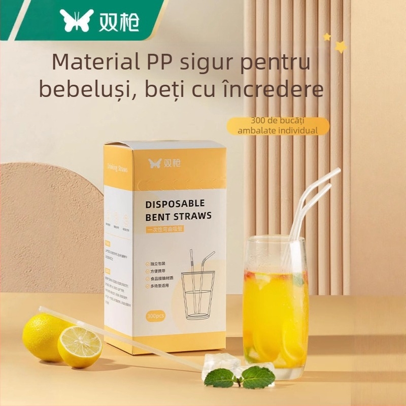 Double Gun pai de unică folosință curbat din PP, ambalat separat, pentru bubble tea, pentru femei însărcinate și copii