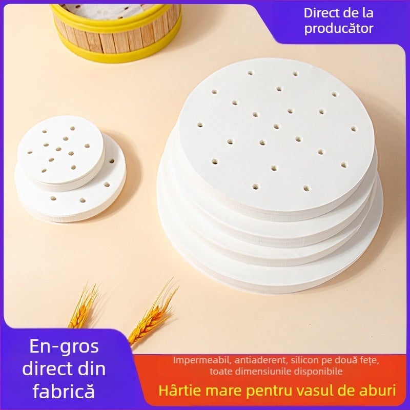 Hârtie de copt circulară, cu strat de silicon, pentru aburire și gătit în air fryer; hârtie antiaderentă pentru chifle și colțunași