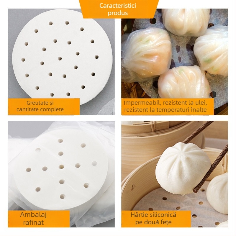 Hârtie de copt circulară, cu strat de silicon, pentru aburire și gătit în air fryer; hârtie antiaderentă pentru chifle și colțunași