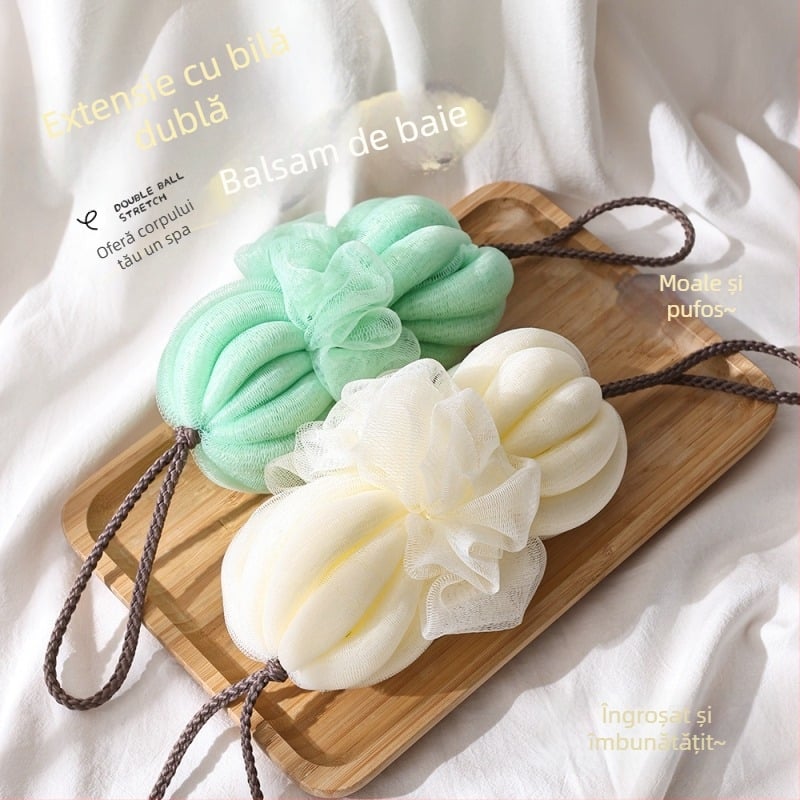 Minge de baie mare, în stil japonez, pentru masajul spatelui, cu formă de floare, moale și extensibilă, cu două mingi